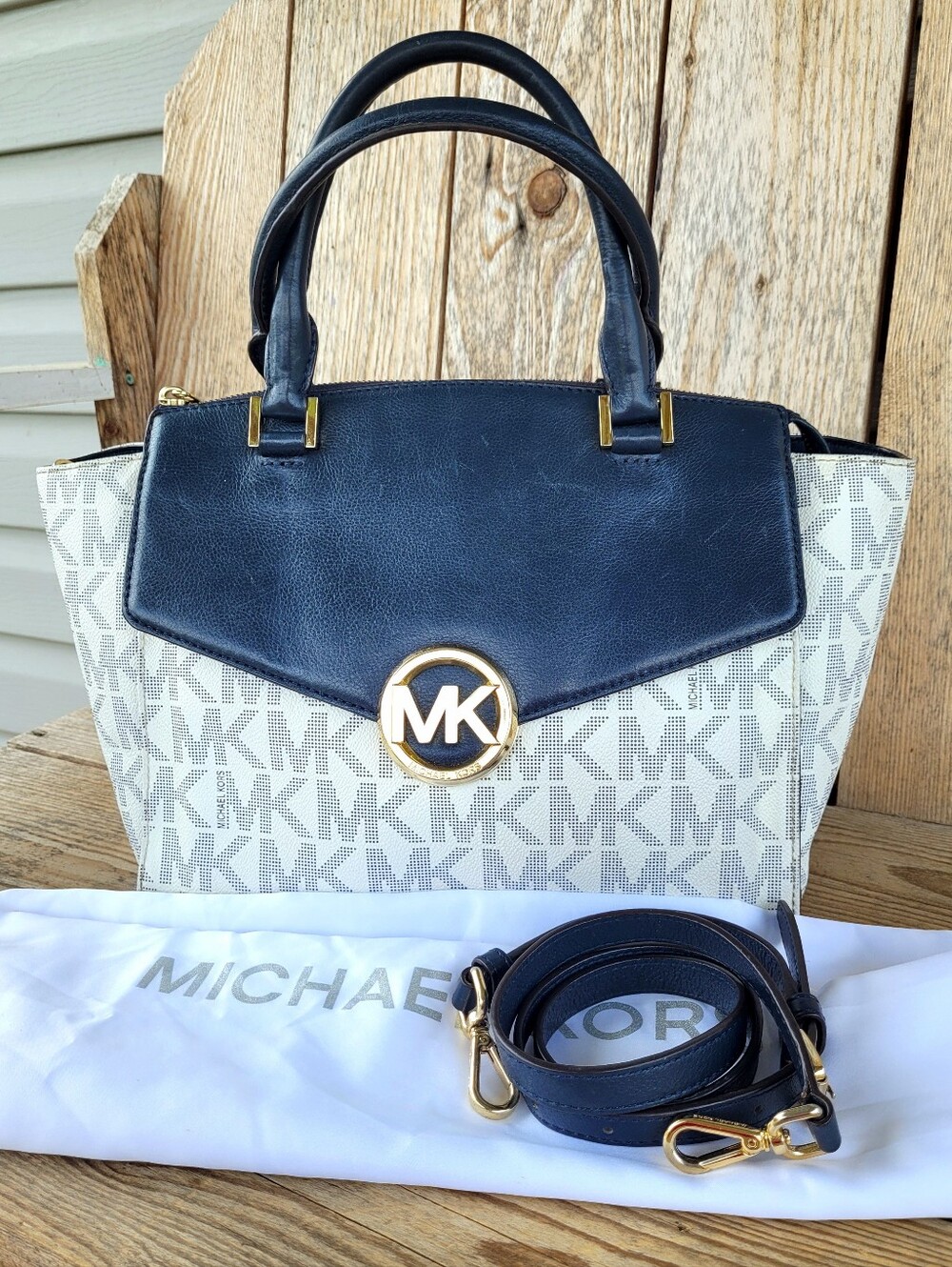 Michael Kors Leather Hudson Large Satchel Navy Blue And White Monogram